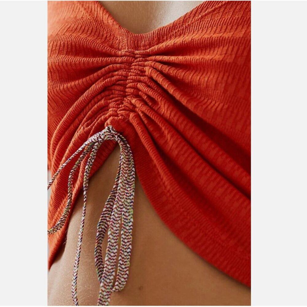Anthropologie Red Orange Ribbed Drawstring Crop Top - Picture 4 of 10
